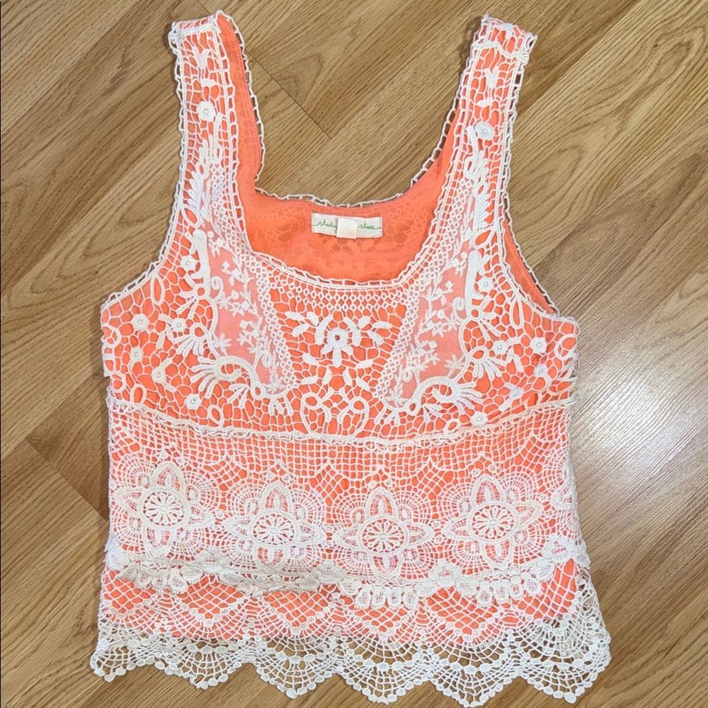 Staring at Stars Anthropologie Orange White Lace Embroidered Tank Top XS